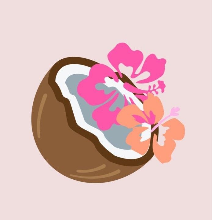 an illustration of a coconut with pink flowers on the top and brown shell below it