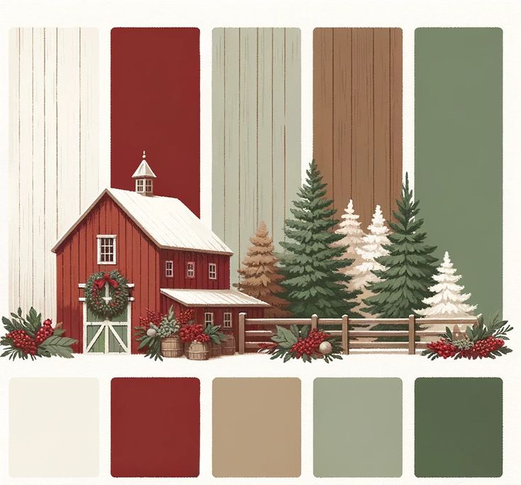 a red barn surrounded by evergreens and snow covered trees is featured in the color scheme