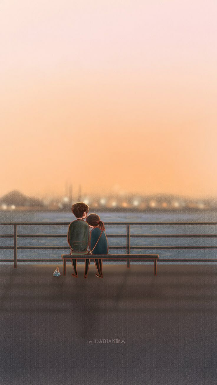 two people sitting on a bench looking out at the water and buildings in the distance