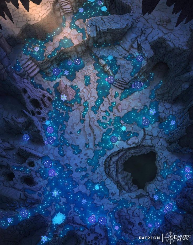 an aerial view of a cave with blue and green lights in the ground, surrounded by rocks