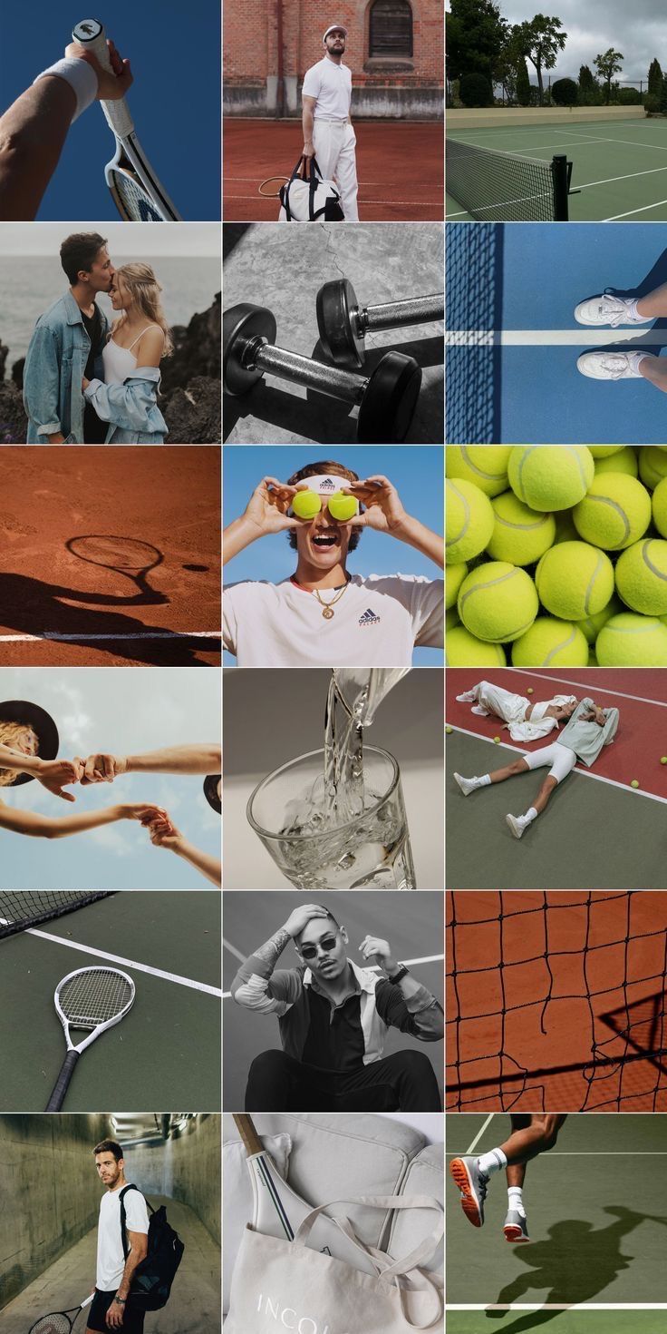 a collage of tennis players with their rackets and balls in the air,