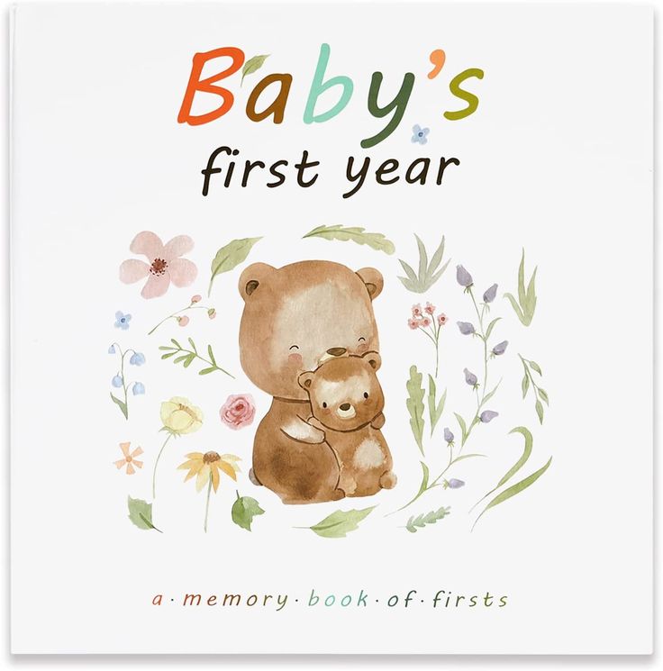 a baby's first year memory book with an image of a bear and its cub