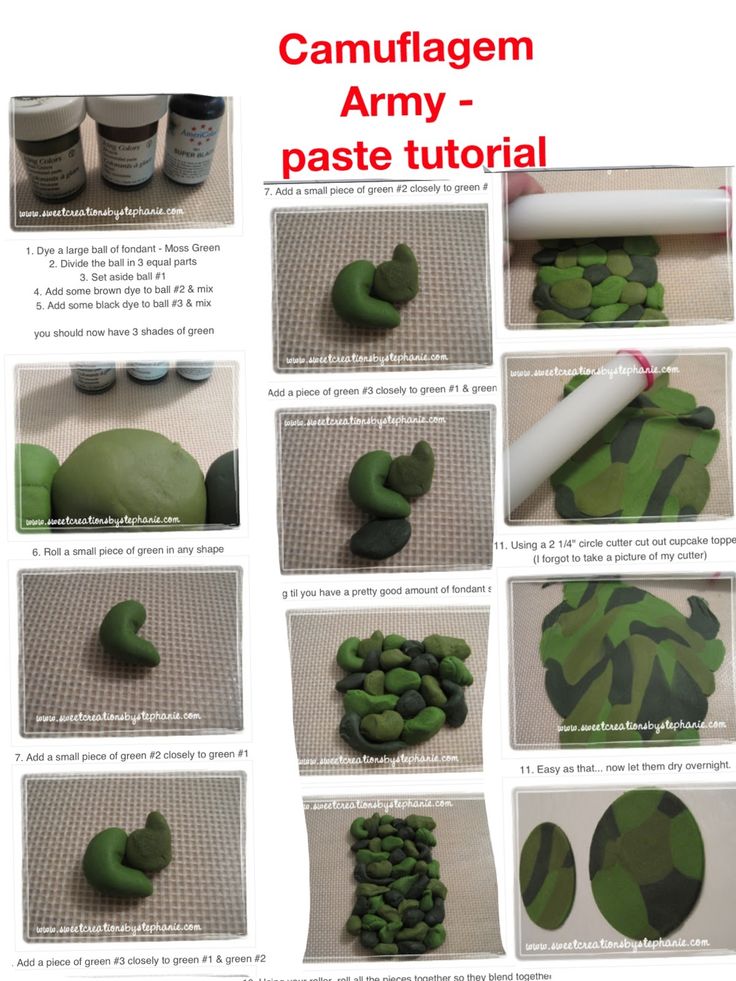 the instructions for making camouflage army - style pasties are shown in green and white