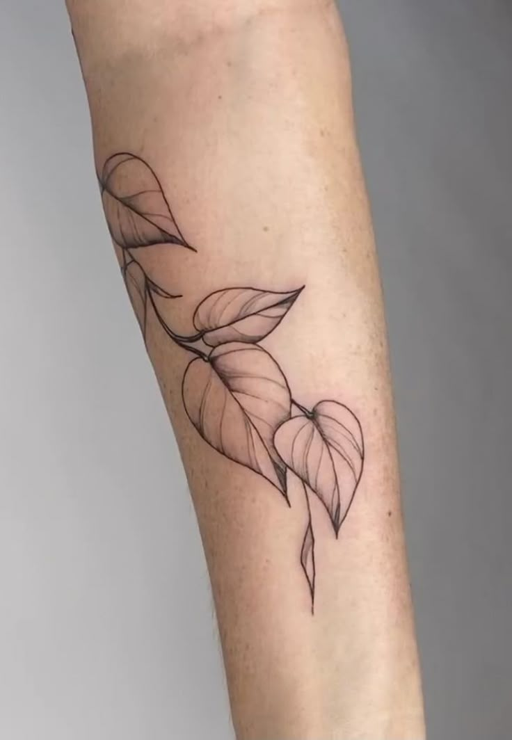 a black and white photo of a leaf tattoo on the leg