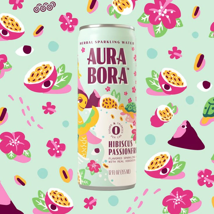 a can of beer surrounded by flowers and other things on a blue background with pink, green, yellow, and purple colors