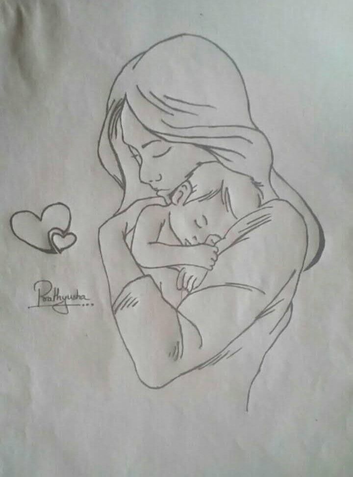 a drawing of a woman holding a baby in her arms with a heart on it