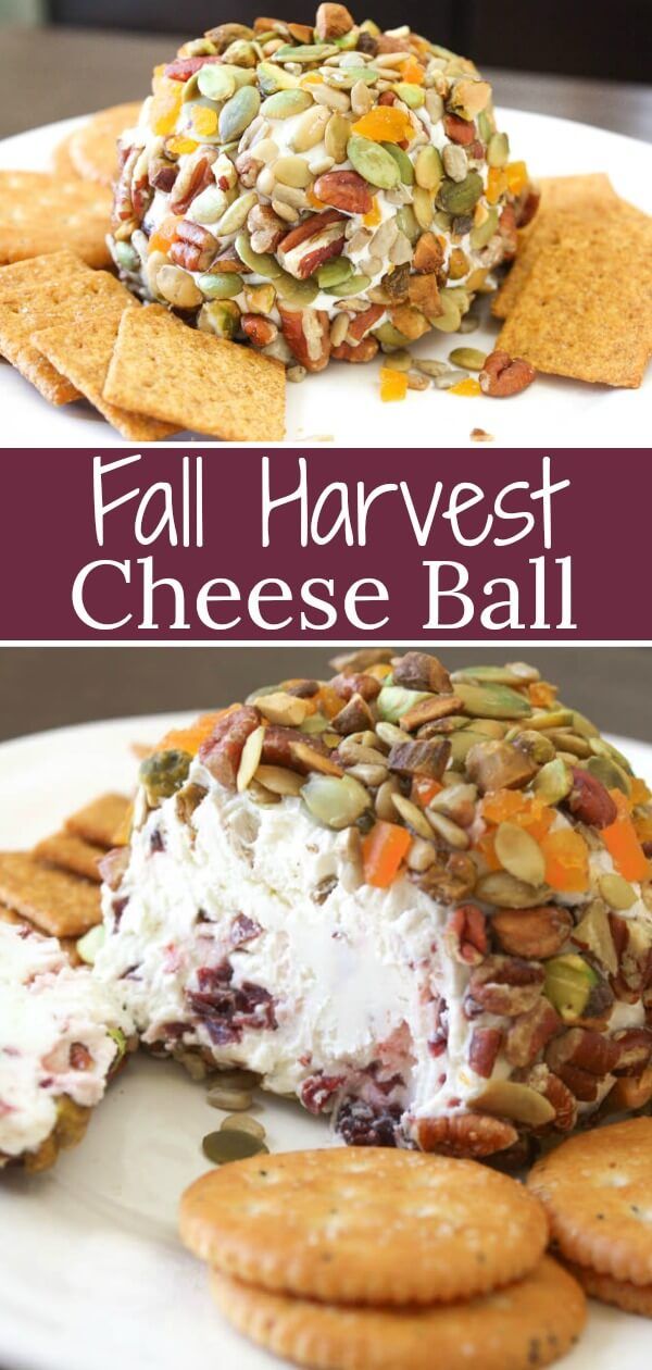 the fall harvest cheese ball with crackers and nuts