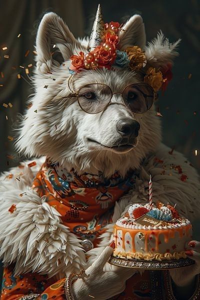 a white dog wearing glasses holding a birthday cake with a candle on top of it