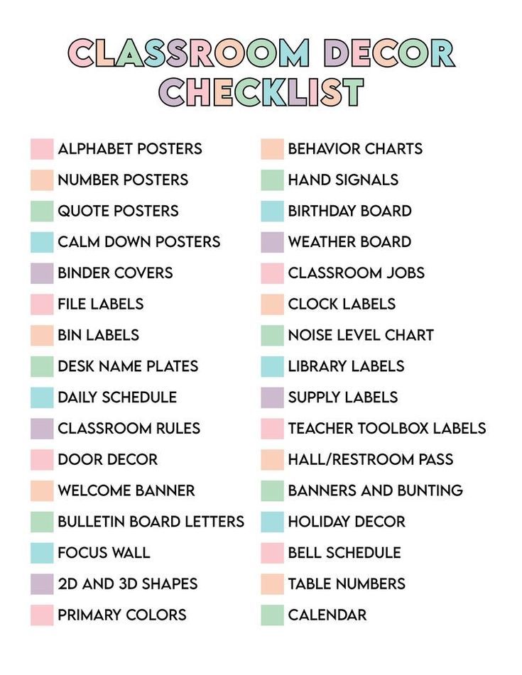 the classroom decor checklist is shown in pastel colors