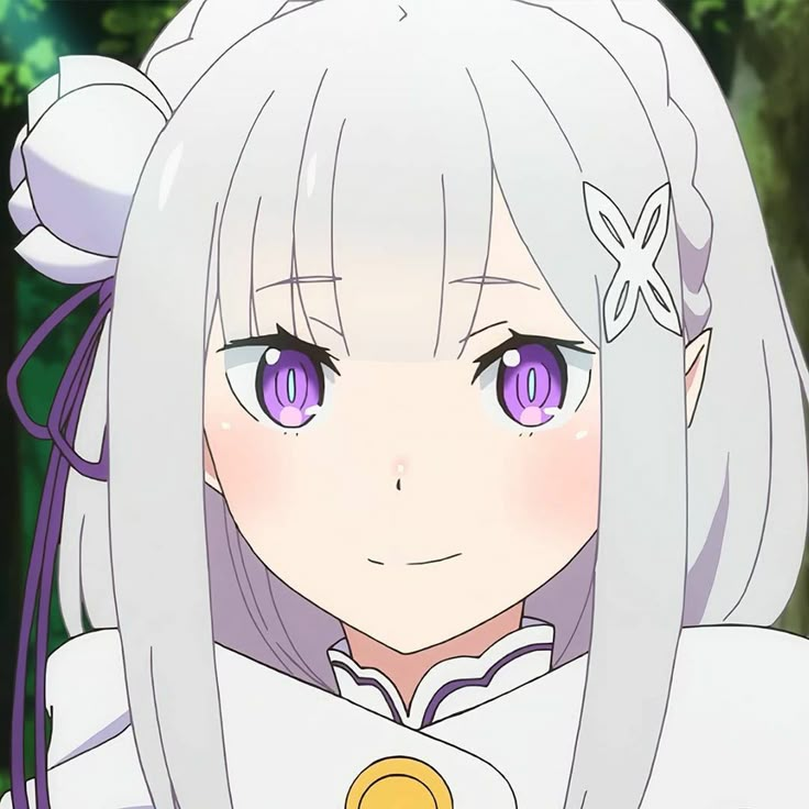 an anime character with long white hair and pink eyes, wearing a white outfit in front of a dark background