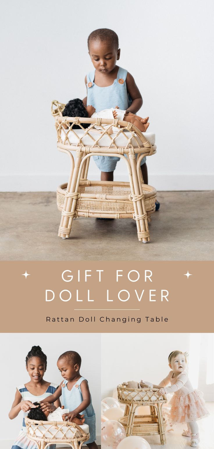 two children sitting in chairs with the words gift for doll lover written on them and an image