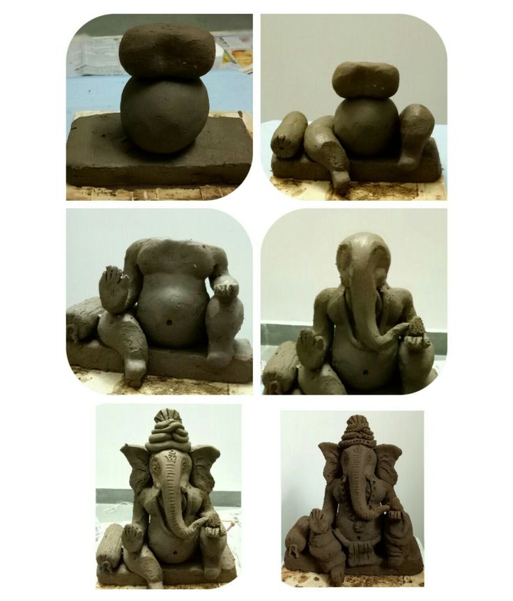 there are four images of an elephant made out of clay