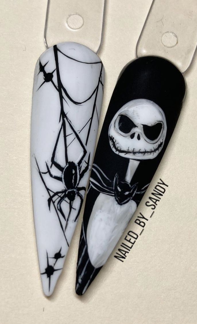 Halloween Nails Art Designs, Jack Skellington Nail Art, Halloween Nails Nightmare Before, Scary Nail Designs, Wednesday Addams Nail Art, Nightmare Before Christmas Nails Designs, The Nightmare Before Christmas Nails, Tim Burton Nails, Corpse Bride Nails