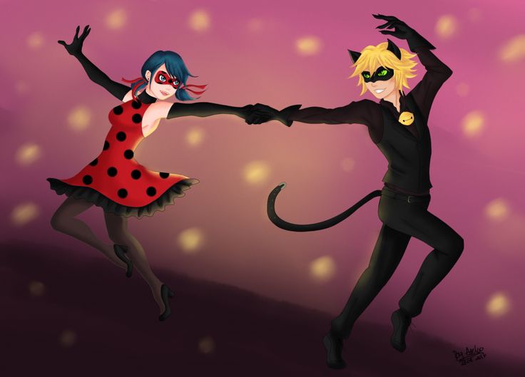 two people dressed up as cats dancing in front of a purple background with gold dots