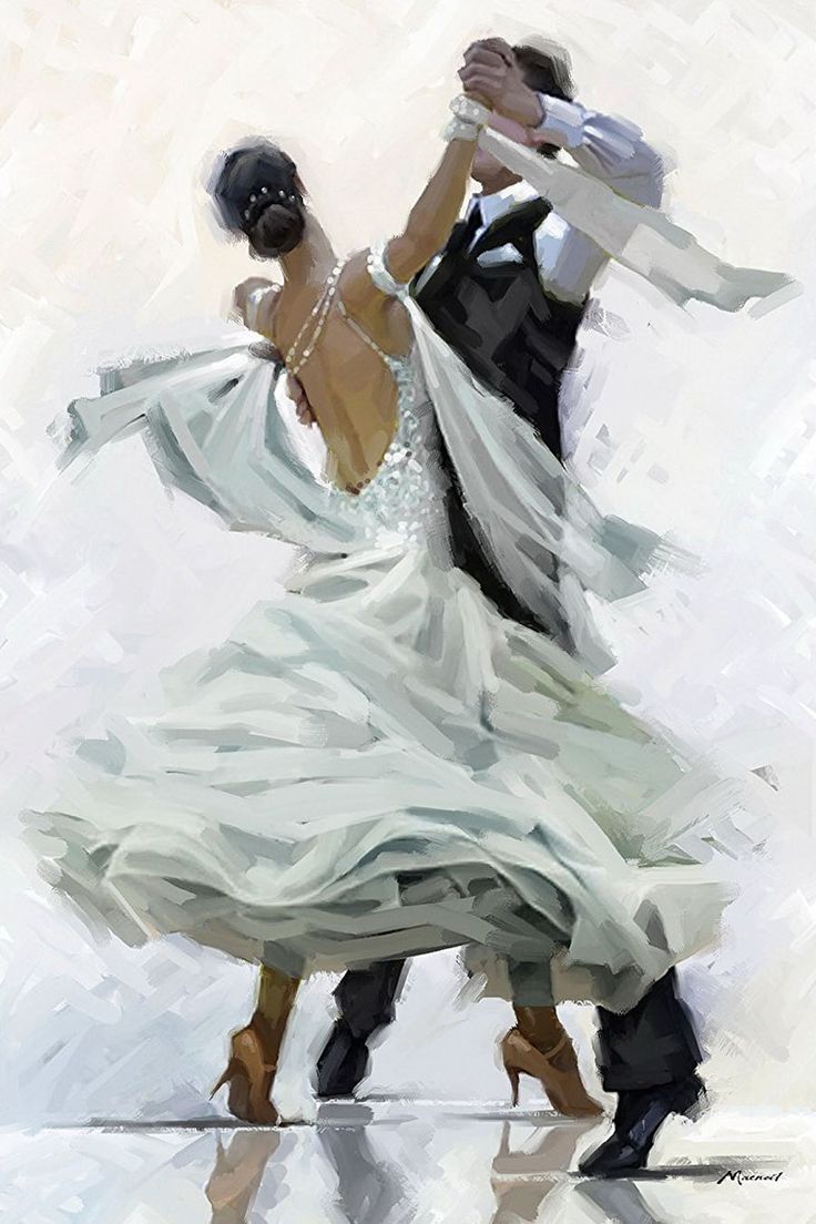 a painting of two people dancing in the snow