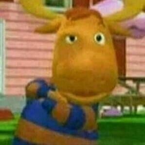 an animated moose is standing in front of a house and has his head turned to the side