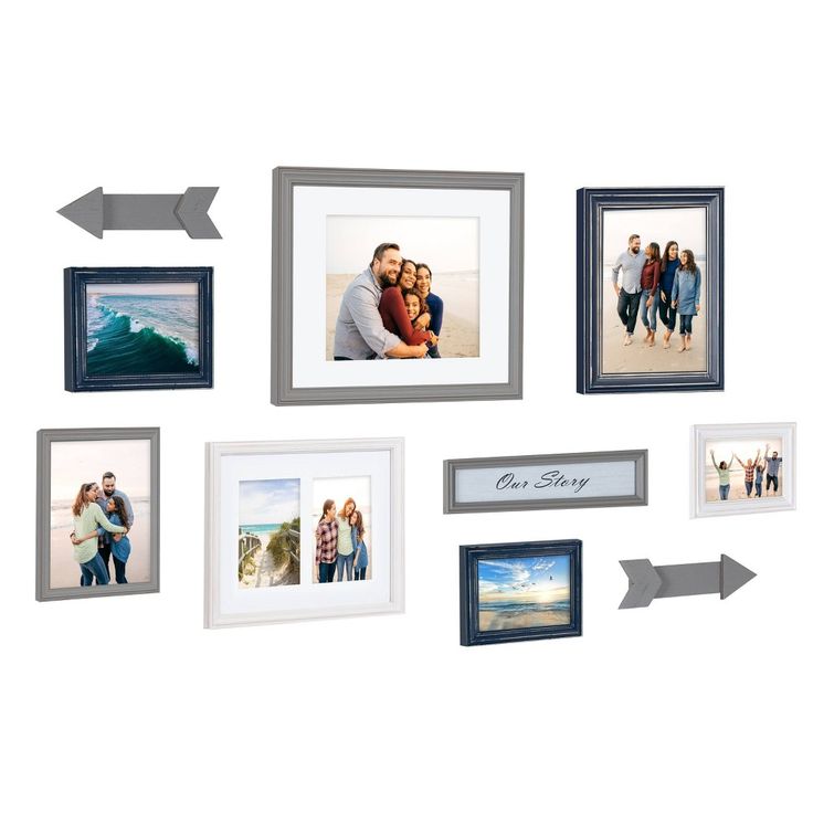 a group of pictures hanging on the wall with an arrow pointing to them