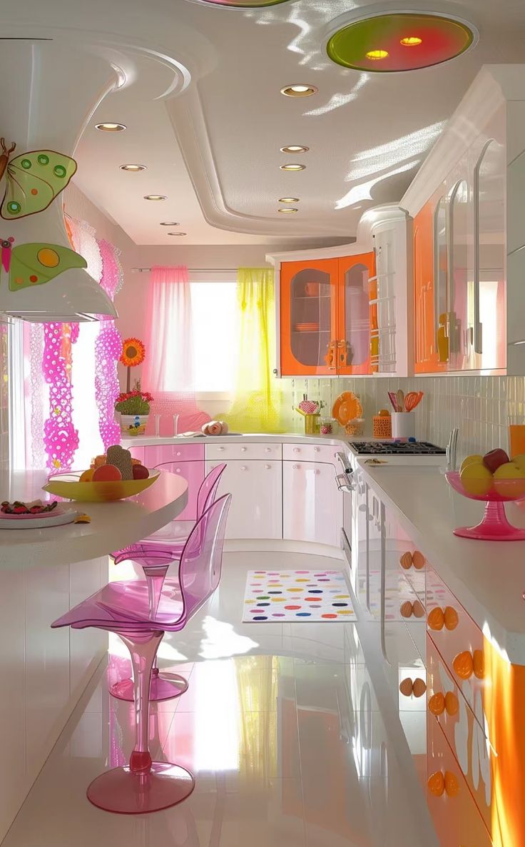 a kitchen with white counter tops and bright colored decorations on the ceiling, along with pink chairs