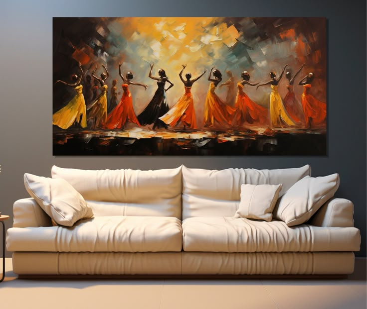 a living room scene with a couch and painting on the wall in front of it