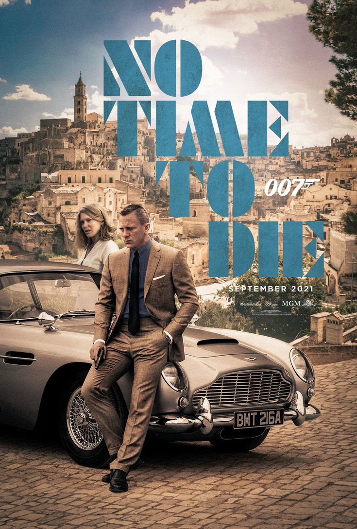 the poster for no time to die shows a man in a suit leaning on a car