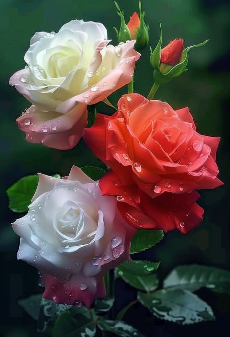 three different colored roses with water droplets on them