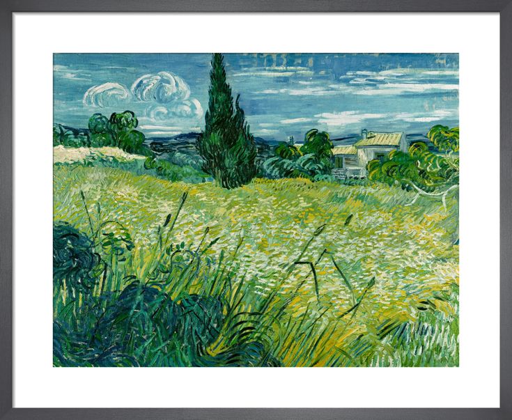 a painting of grass and trees with clouds in the background