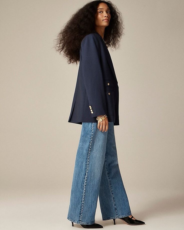 J.Crew: Studded Lower-rise Wide-leg Jean In 1984 Rigid For Women Blazer Wide Leg Jeans, Full Closet, Suit Guide, Trench Dress, Navy Blazer, Suit Shop, Wide Leg Denim, Scarf Hairstyles, What I Wore