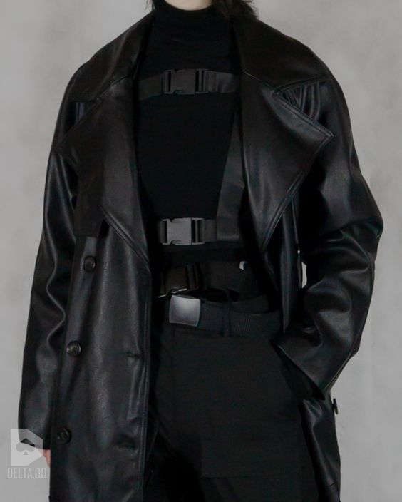 Leather Goth Outfit Men, Male Spy Aesthetic, Agent Outfit Male, Villain Aesthetic Outfits Male, Cyberpunk Outfit Male, Goth Oc, Agent Outfit, Scifi Outfit, Sci Fi Outfits