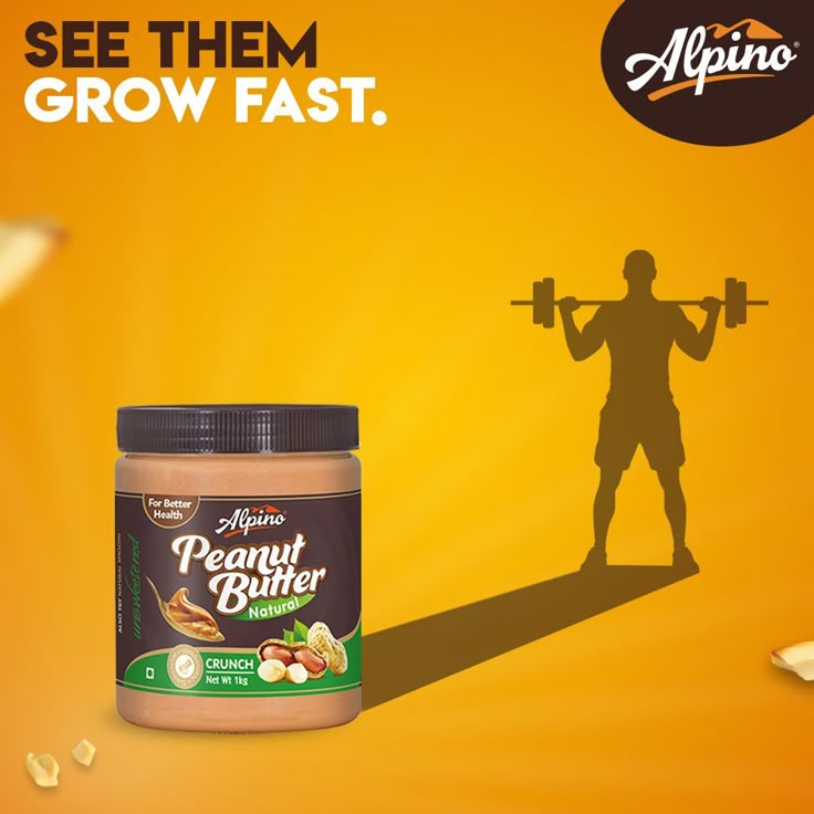 an advertisement for peanut butter with a man holding a barbell