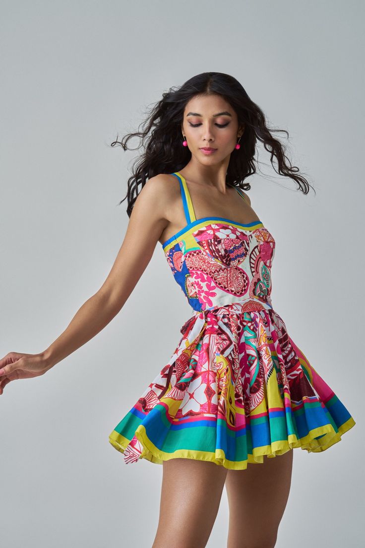 Paisley Inrpired Print Mini Flared Dress With Detachable Belt. Materials used: Habutai Color: Multi Product care: Dry clean only Funky Dresses, Paisley Fashion, Paisley Print Dress, Flared Dress, Night Out Outfit, Multicolor Dress, Nautical Fashion, Dance Dresses, Elegant Outfit