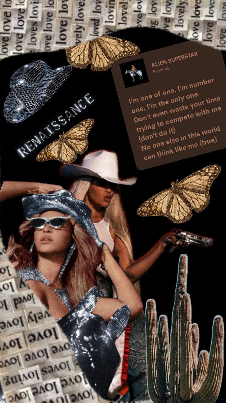 a collage of images with words and pictures on them, including a woman in a cowboy hat