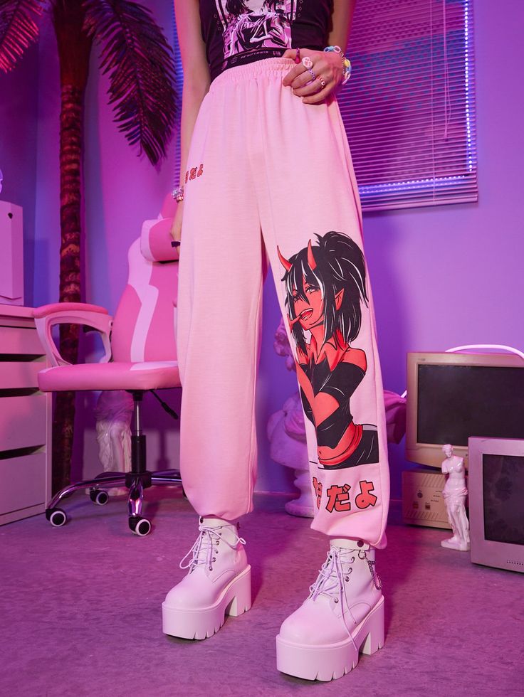 Pink  Collar  Knitted Fabric Figure Jogger Embellished Slight Stretch  Women Clothing Pink Cargos, Anime Pants, Graphic Joggers, Graphic Sweatpants, Women Sweatpants, Pink Patchwork, Cute Sweatpants, Ideal Closet, Women Bottoms