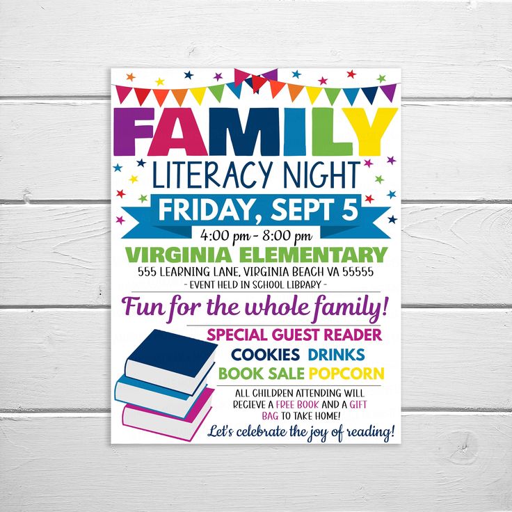 a family library night poster on a white wooden wall with colorful flags and books in the background