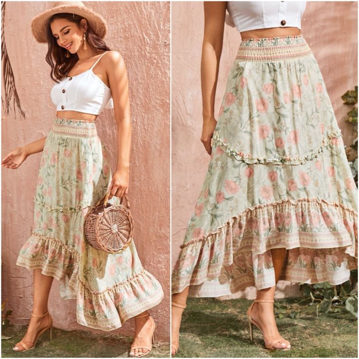 97% Cotton, 3% Spandex Floral Print Ruffle Hem Skirt Long Flowy Skirt, Ruffle Hem Skirt, Tiered Midi Skirt, Dream Style, Pink Pastel, Hem Skirt, Flowy Skirt, Cottage Core, Ruffle Hem