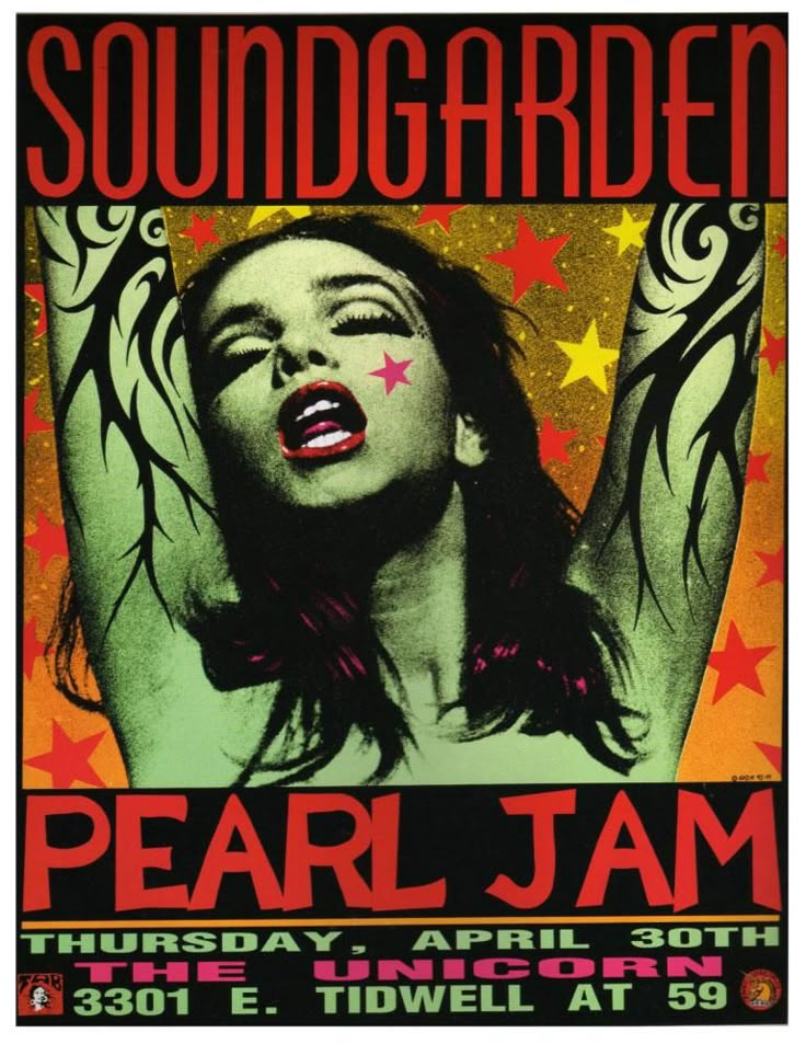 a concert poster for pearl jam featuring an image of a woman with her hands up