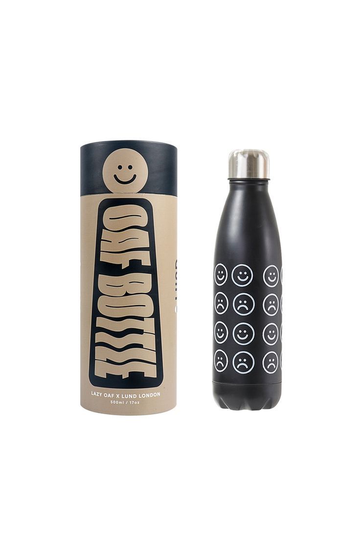 two different types of water bottles are shown in this image, one has a smiley face on it and the other has a happy face