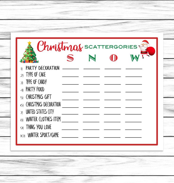 a printable christmas party game with the words snow and santa's help list