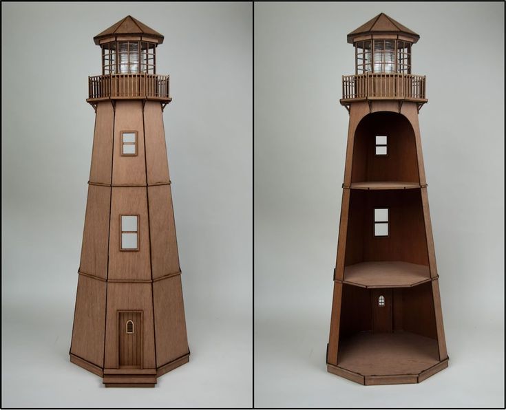 two pictures of a wooden lighthouse with three levels