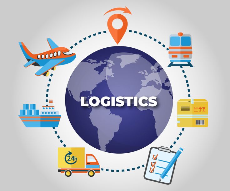 the words logistics are surrounded by different types of transportation and shipping items on a gray background