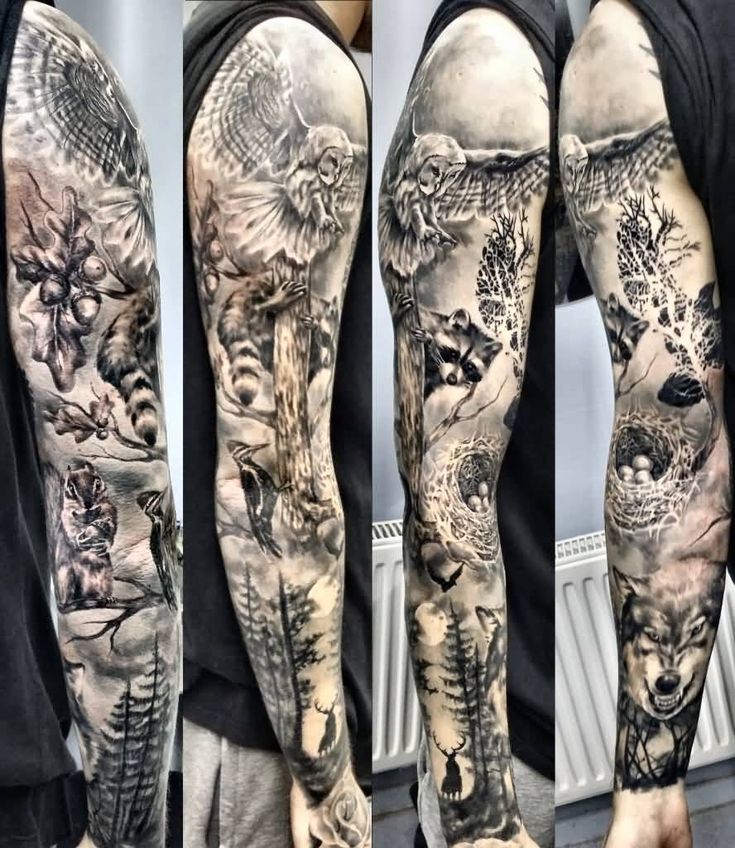 the full sleeve is covered with many different tattoos