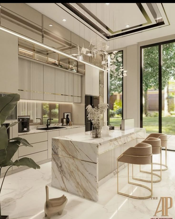 a modern kitchen with marble counter tops and white cabinets