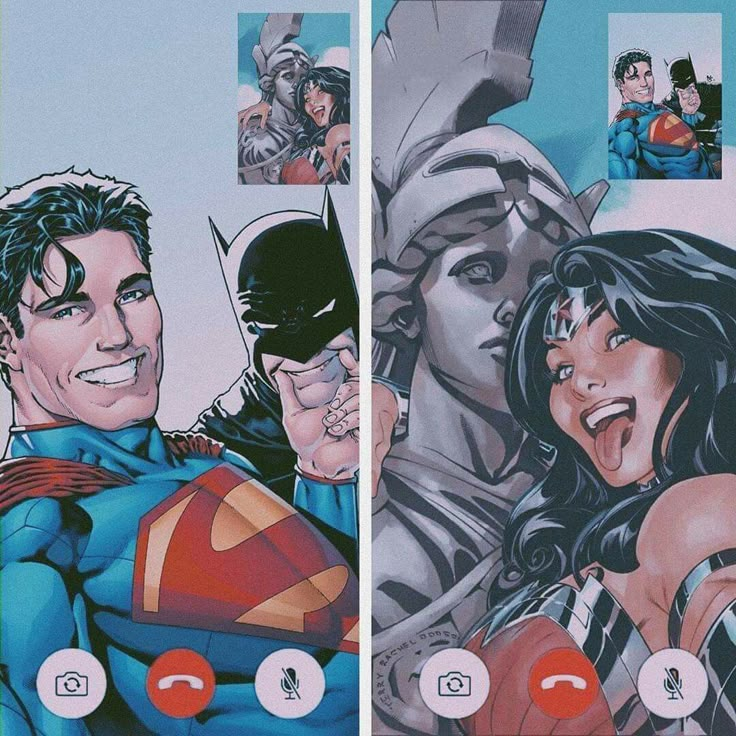 an image of superman and wonder woman on the same phone screen as they appear to be talking