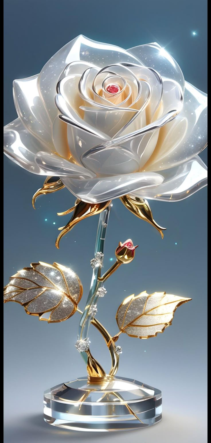 a white rose with gold leaves in a glass vase on a silver base, against a blue background