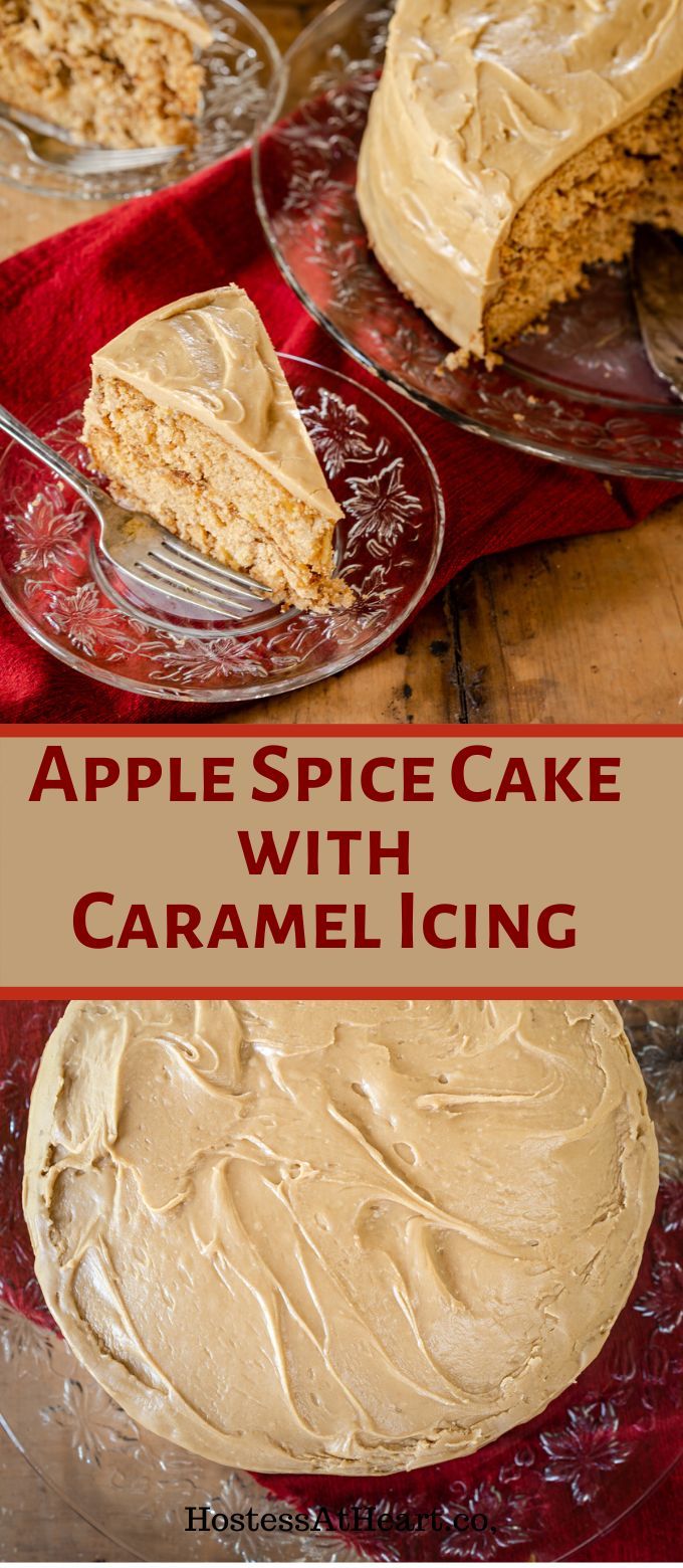 an apple spice cake with caramel icing on a red platter next to another cake