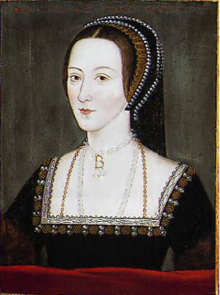 an old portrait of a woman in black and white dress with pearls on her head