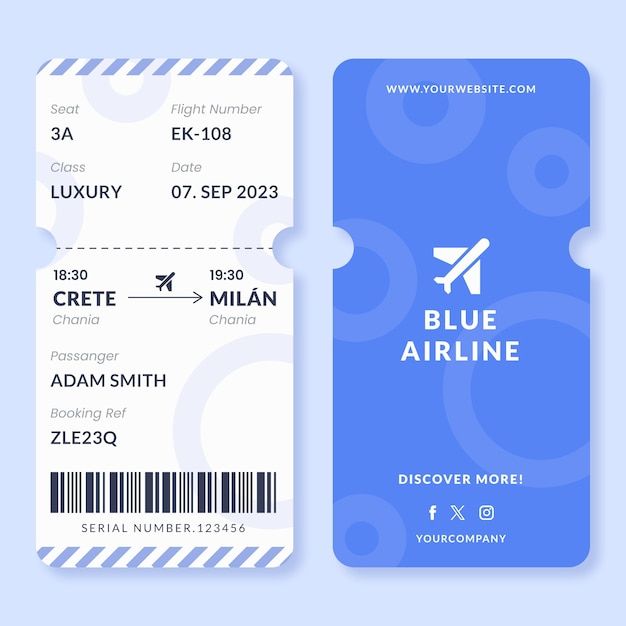 a blue airline ticket with a barcode on the front and back side is shown