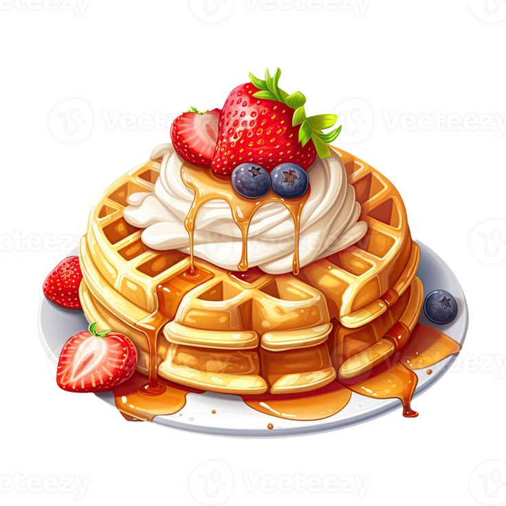 a stack of waffles with syrup and strawberries