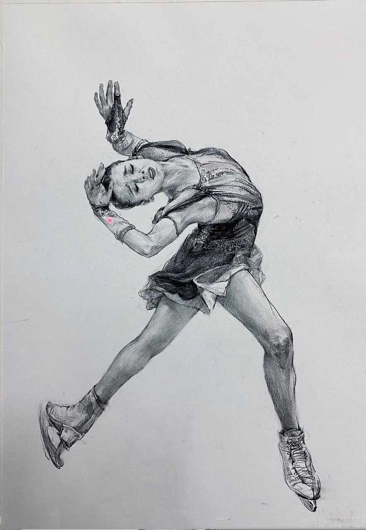 a drawing of a man running with his hands in the air while wearing shorts and sneakers