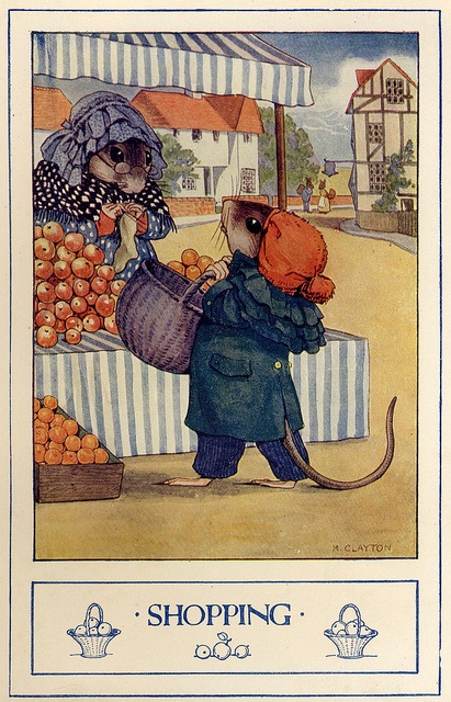 the mouse is trying to buy some oranges from the market stall, with another mouse looking on