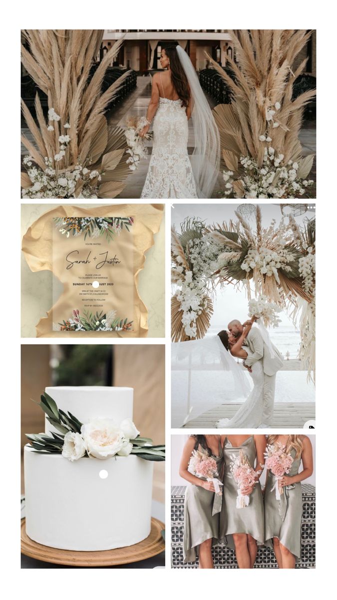 a collage of wedding photos with flowers and greenery